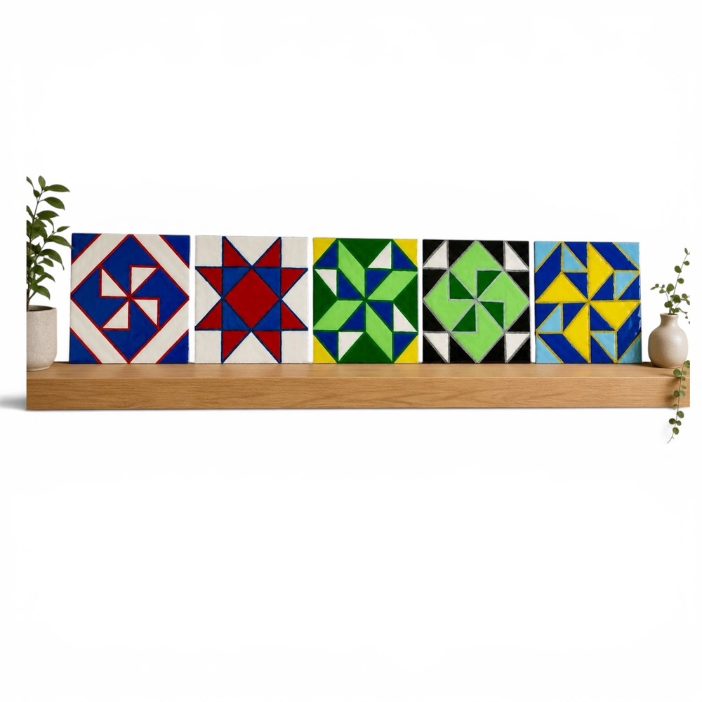 Hand Painted Quilt Designs Resin Sealed Set‎ of 5 Geometric Wall Art With Hooks